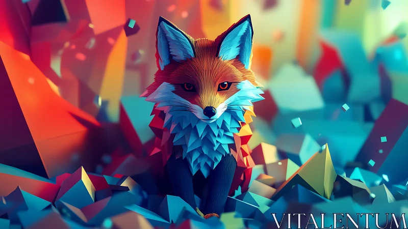 Geometric fox sits in luminous abstract crystal landscape