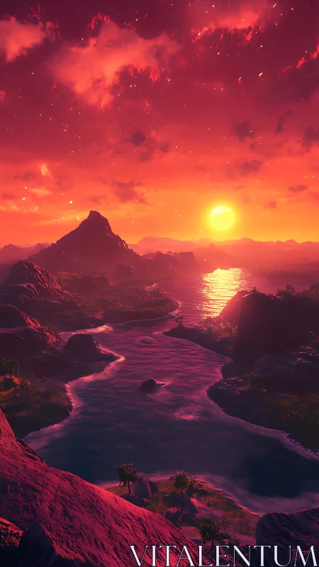 Digital coastal landscape under saturated red sunset sky.