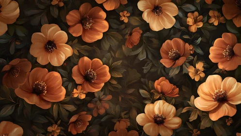 Lush Botanical Pattern with Warm Terracotta Blooms.