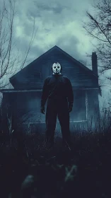 Masked figure menaces a foggy abandoned house at night.