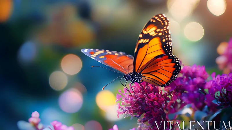 Monarch butterfly on vivid magenta blossoms in soft focus.