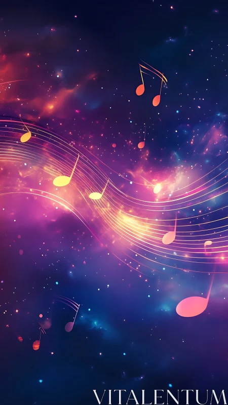 Musical notes flowing across colorful cosmic background.