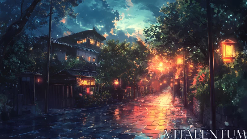 Rain-soaked lantern street in stylized evening cityscape.