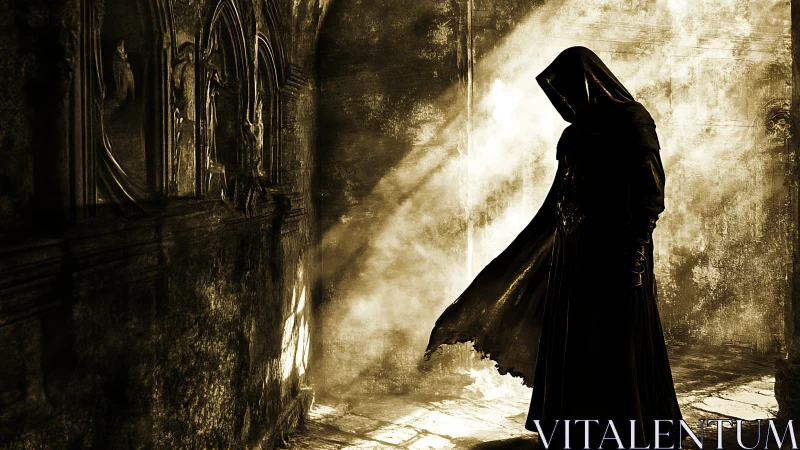 Hooded figure in sepia corridor with cinematic light shafts.