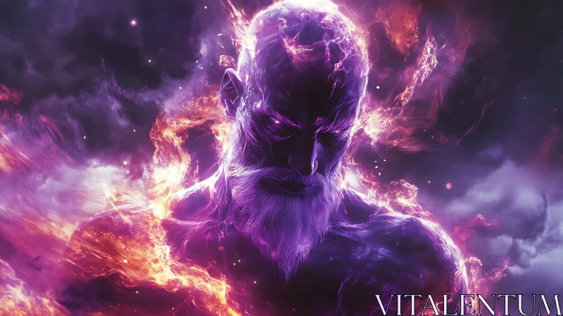 Ethereal humanoid figure in violet flames against dark clouds.