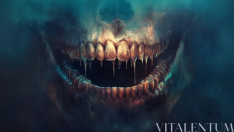 Spectral skull grins from mist with dripping nightmare fangs