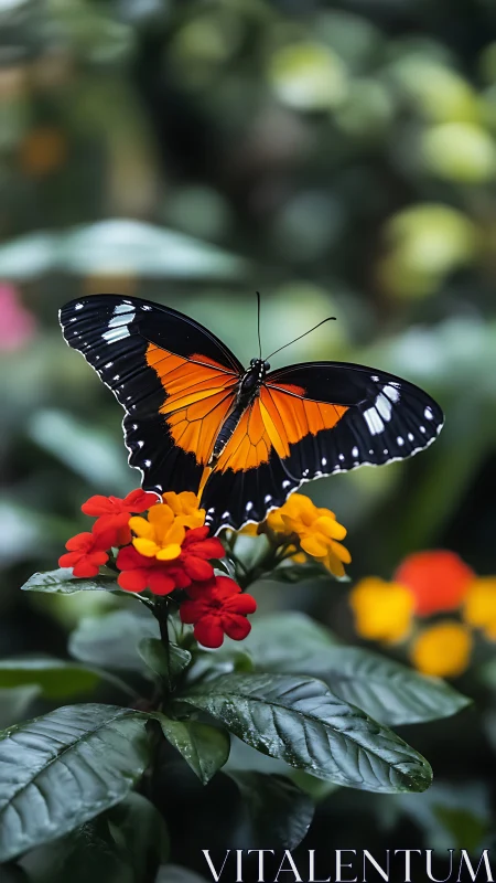 Black and orange butterfly resting on red and yellow flowers.