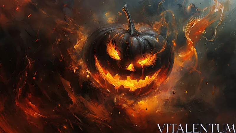 Digital painting of fiery jack-o-lantern in swirling embers.