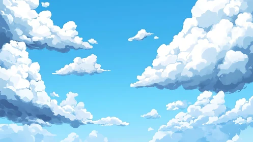 Bright blue sky with layered fluffy white cloud formations.