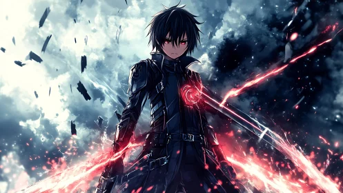 Stormfront swordsman with crimson energy core ignition.