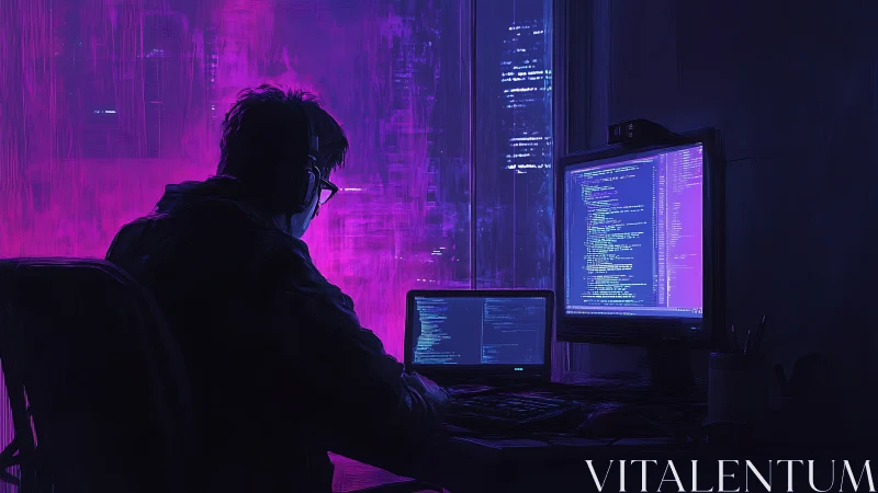 Night coder writes scripts under neon cyberpunk sky.