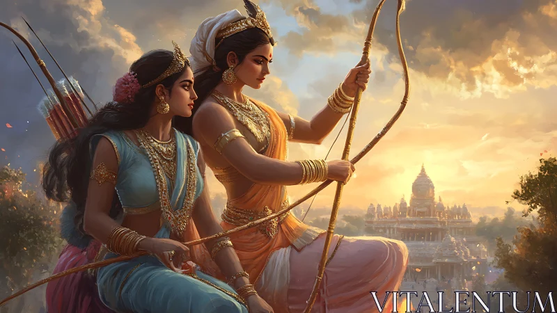 Sunlit warrior sisters draw their bows above a golden temple