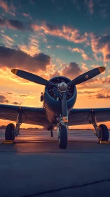 Vintage propeller aircraft rests on runway under vivid sunset