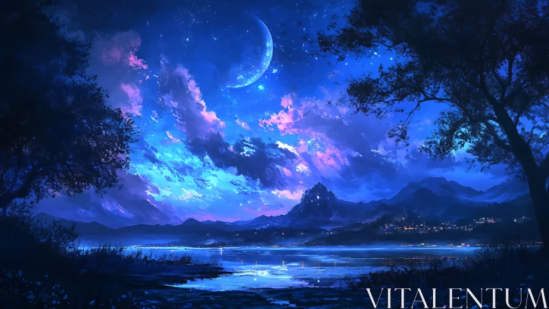 Crescent moon crowns a glowing lakeside fantasy kingdom.
