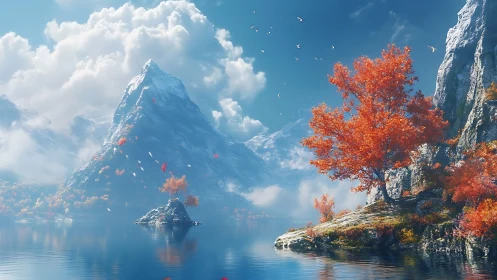 Snowcapped mountain rises over lake beside vivid autumn trees