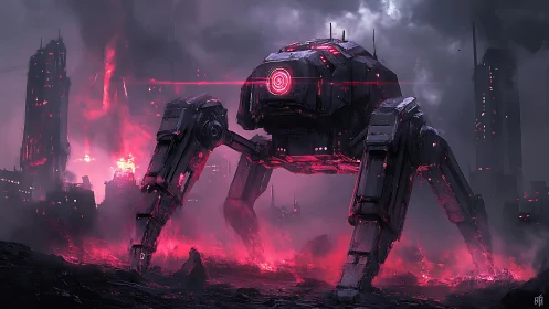Quadruped combat mech dominates burning cyberpunk cityscape
