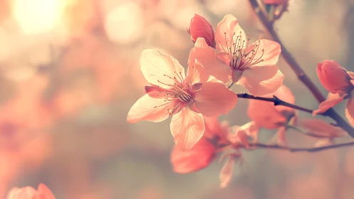Cherry Blossom Clusters with Soft-Focus Bokeh Background and Warm Golden Sunlight.