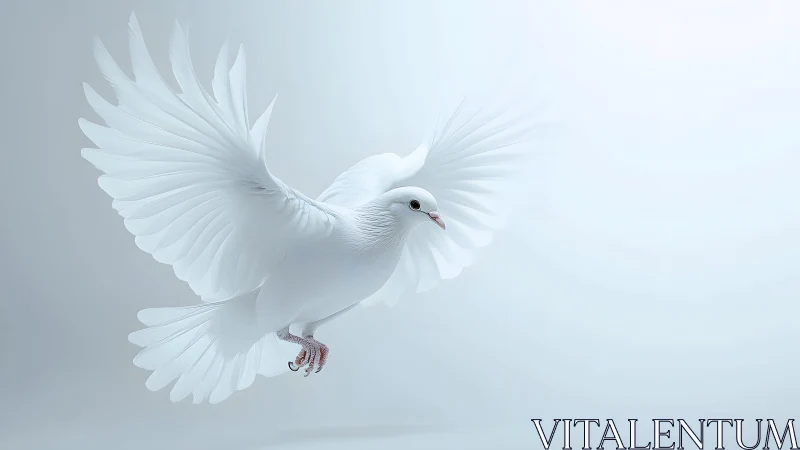Elegant white dove in flight against a soft minimalist background.