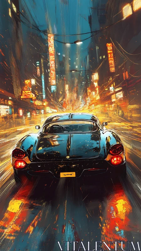 Midnight city drive with a sleek black sports car.