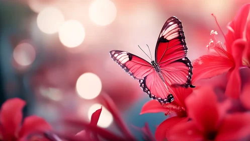 High-saturation macro butterfly on red petals with shallow depth