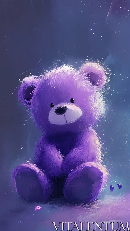 Purple teddy bear glows softly in dreamy night ambience.