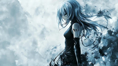 Anime ink-splatter portrait with icy chromatic palette design.