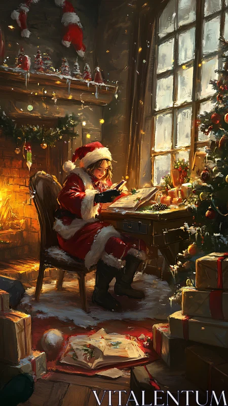 Warm interior tableau shows Santa girl drafting Christmas letters