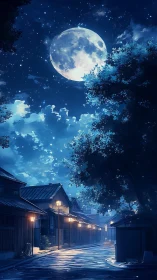 Moonlit traditional street under luminous star-filled night sky