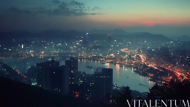 Nocturnal riverfront metropolis reveals layered luminance gradients