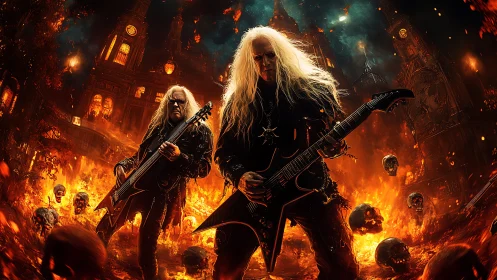 Metal guitarists in fiery gothic hellscape environment.