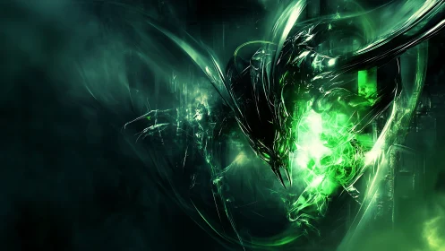 Emerald energy dragon emerges from swirling digital void