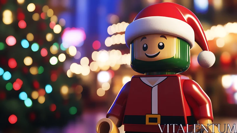 Smiling toy Santa stands amid glowing Christmas lights