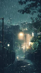 Rainy urban stairway at night with distant city lights.