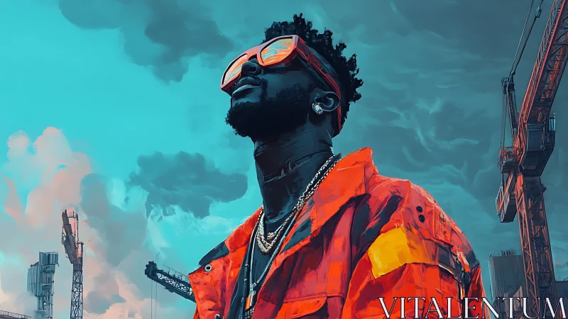 Urban visionary in orange jacket surveys futuristic skyline