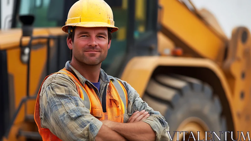 Construction site worker in hi-vis gear before loader.