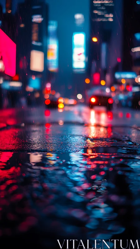 Neon city street glows softly through rain and reflections