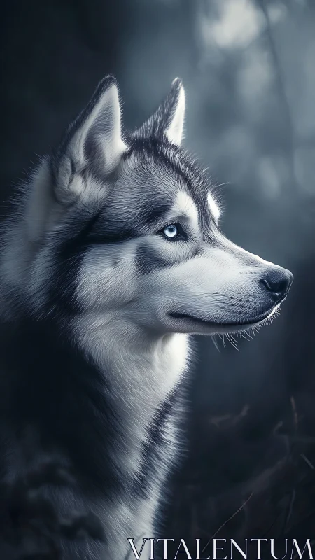 Siberian husky profile rendered in cool monochrome lighting