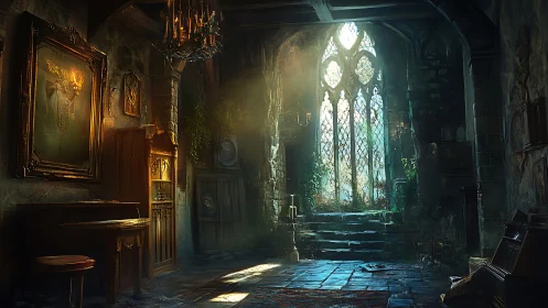 Interior of aged stone hall with tall stained glass window.