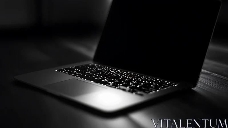 Open laptop in dark room with glowing keyboard light.