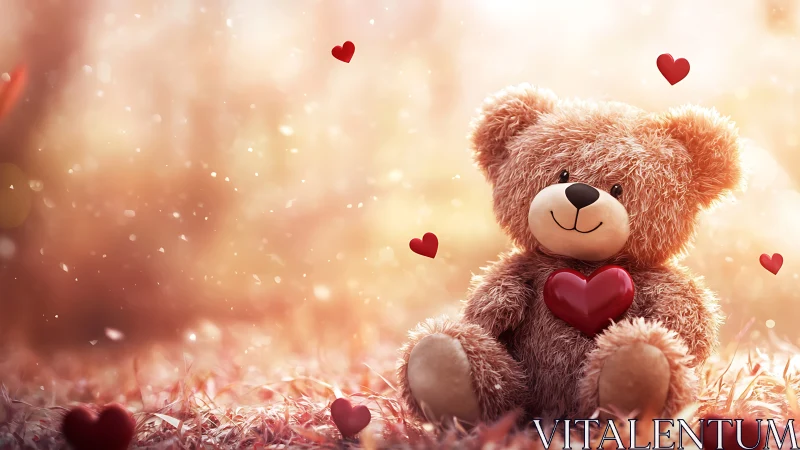 Fluffy teddy bear holds red heart in glowing bokeh light