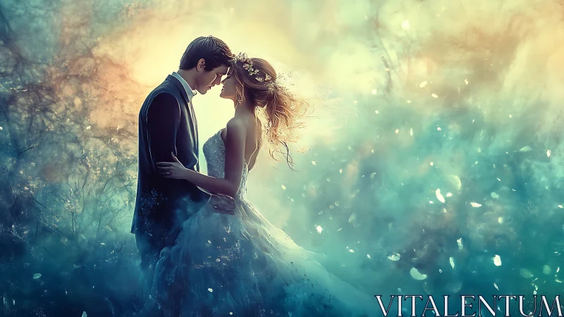 Ethereal Wedding Embrace: Luminous Couple Portrait with Enchanted Bokeh Effects.