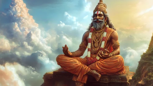 Seated Hindu sage in meditation above clouded landscape.
