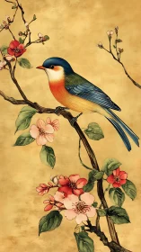 Bird is perched on flowering branch in stylized illustration