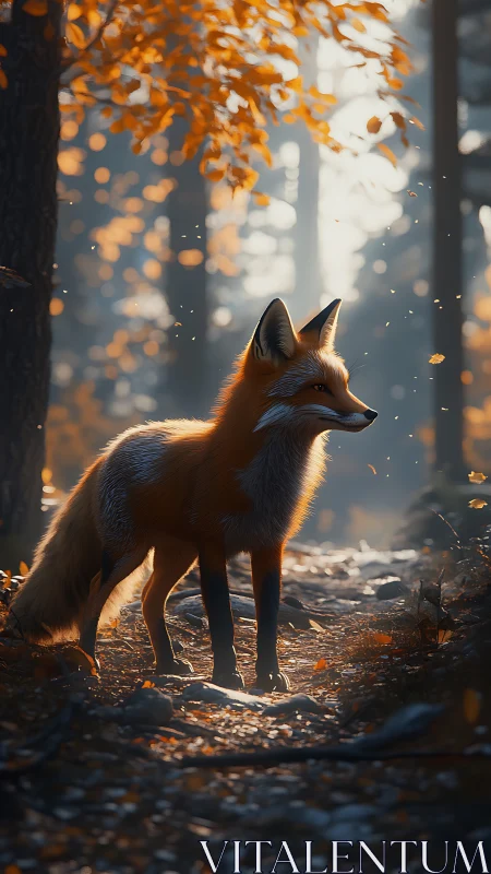 Fox pauses on a sunlit autumn forest path in warm haze