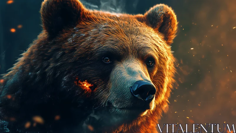 Cinematic close-up of ember-lit bear rendered with high-detail fur shading