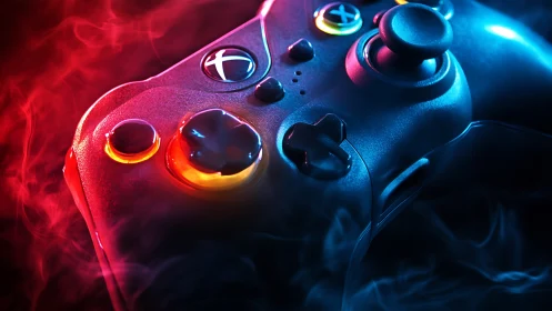 Photorealistic gaming controller in neon vapor lighting design.