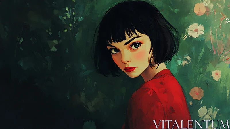 Portrait of dark-haired woman in red against floral green field.