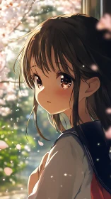 Schoolgirl under cherry blossoms in soft spring light.