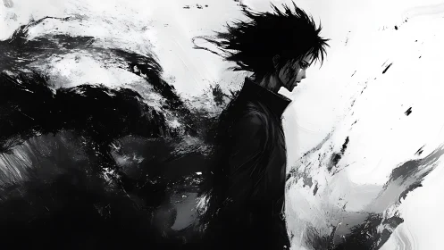 Solitary figure in monochrome ink-like abstract flow.