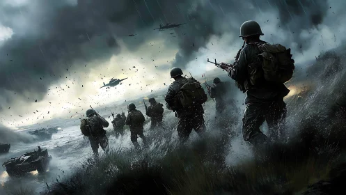 Storm-lashed amphibious infantry assault under aerial bombardment